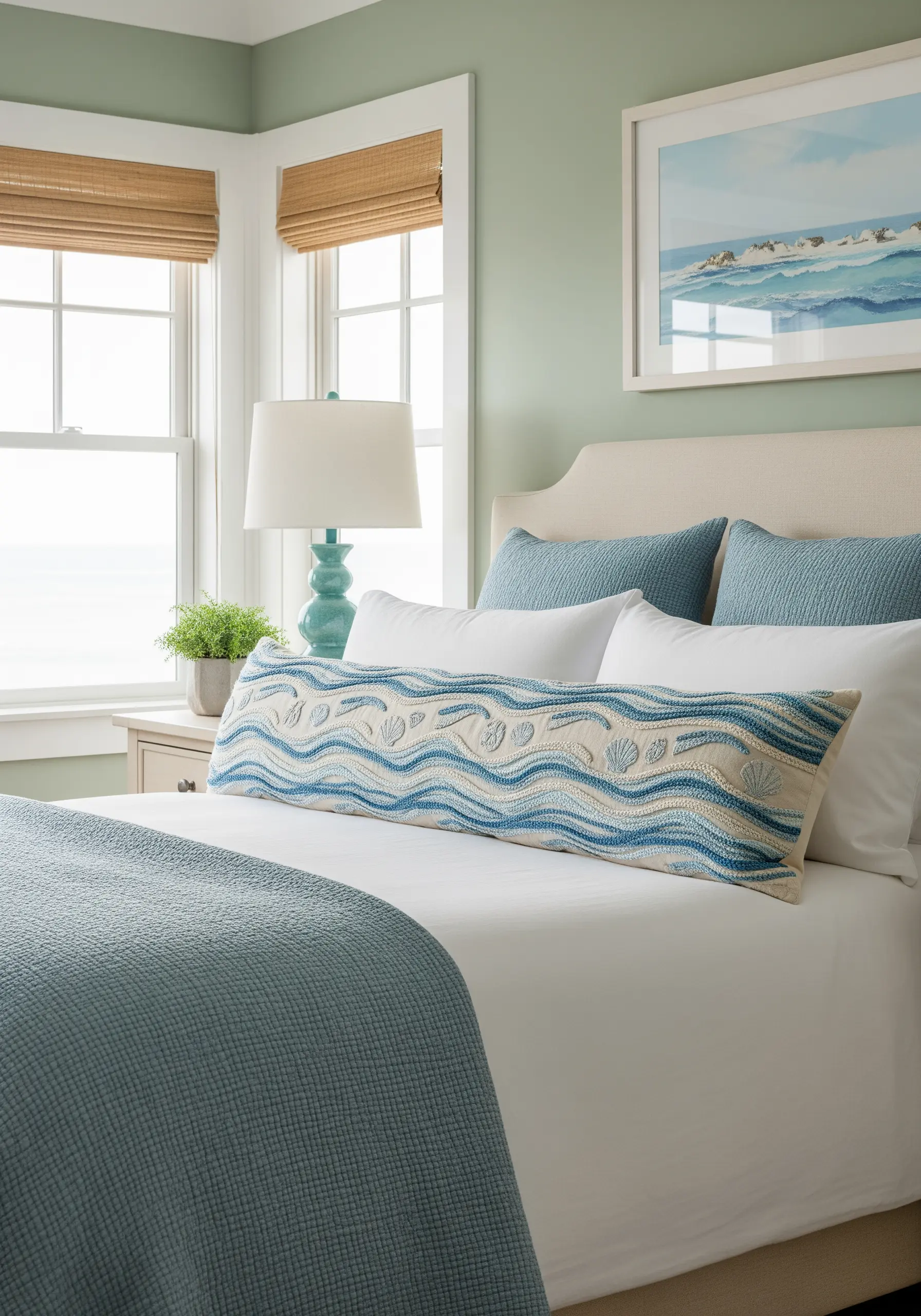 A long lumbar pillow with embroidered blue and white ocean waves.