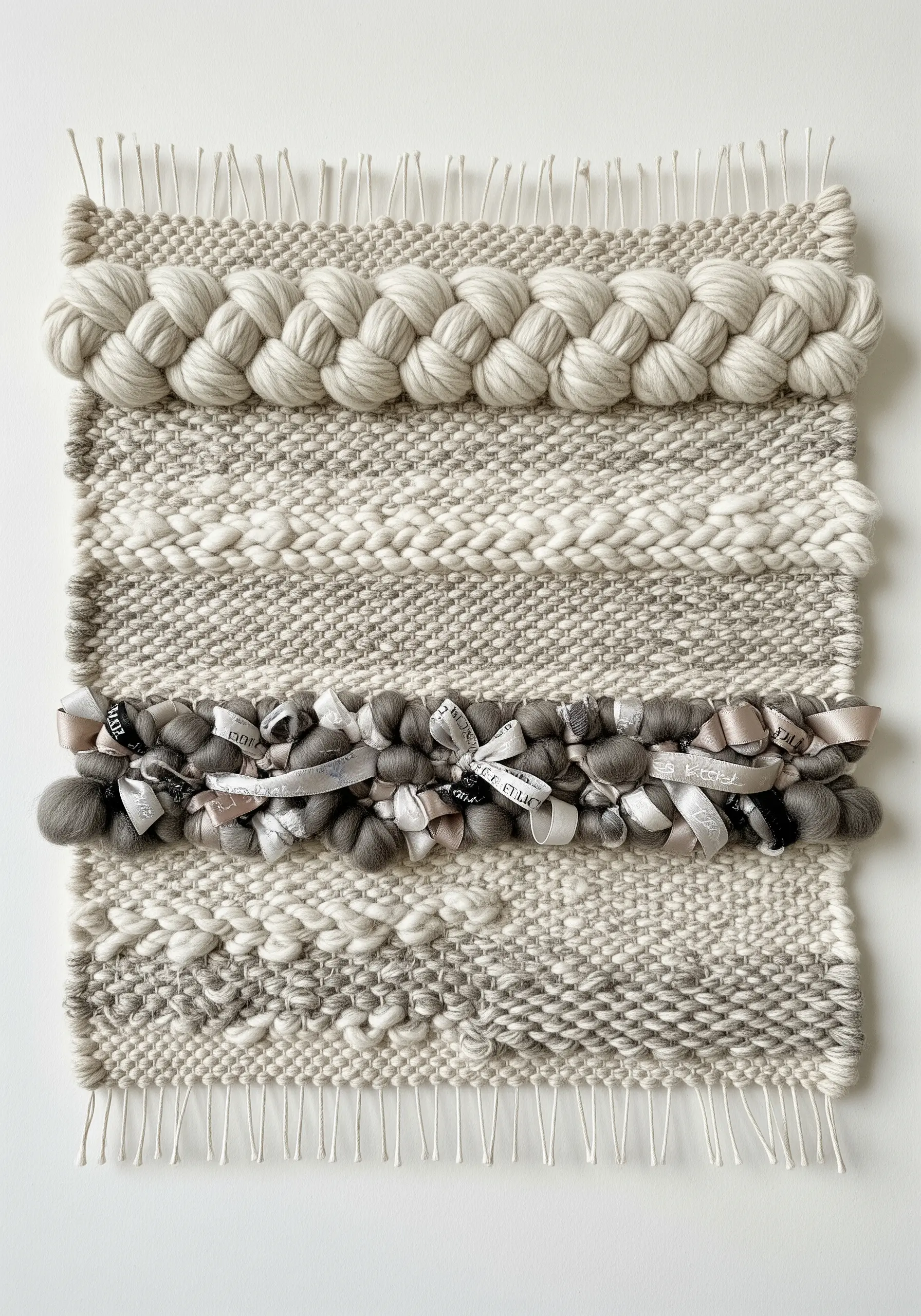 A neutral-toned woven wall hanging that incorporates gray wool, thick roving, and satin ribbon.
