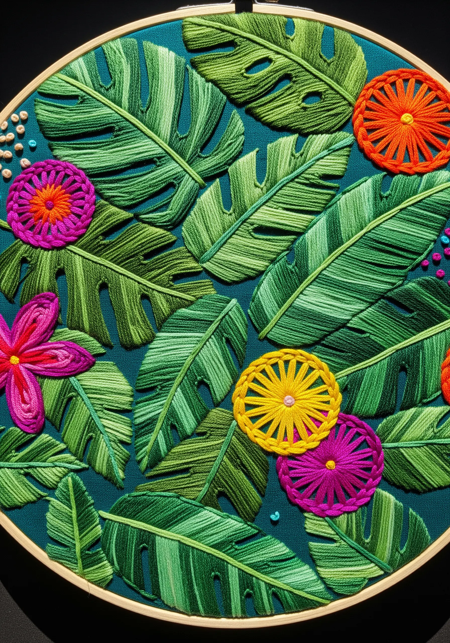 Dense embroidery of tropical leaves and flowers using layered satin stitch and woven wheels.