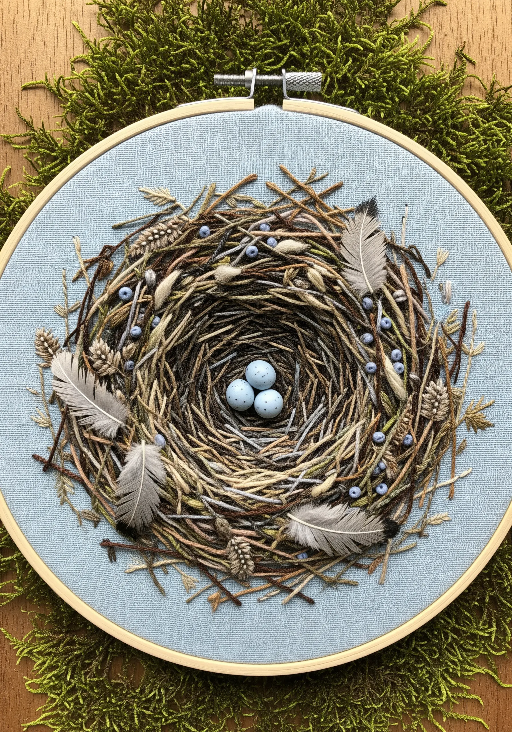 Realistic bird's nest embroidery with 3D eggs, feathers, and mixed fibers.