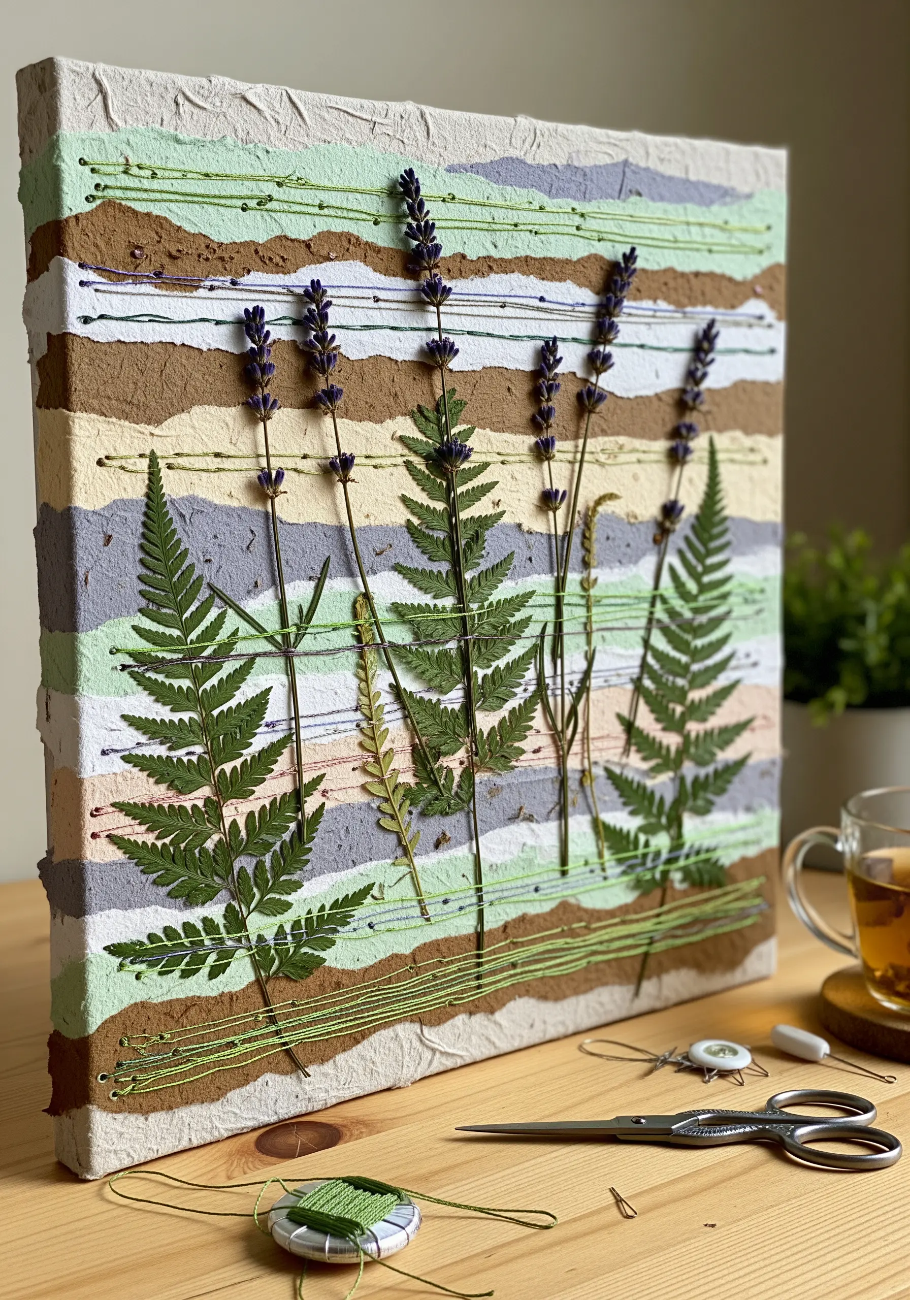 Pressed ferns and lavender secured with green thread onto a textured, handmade paper canvas.