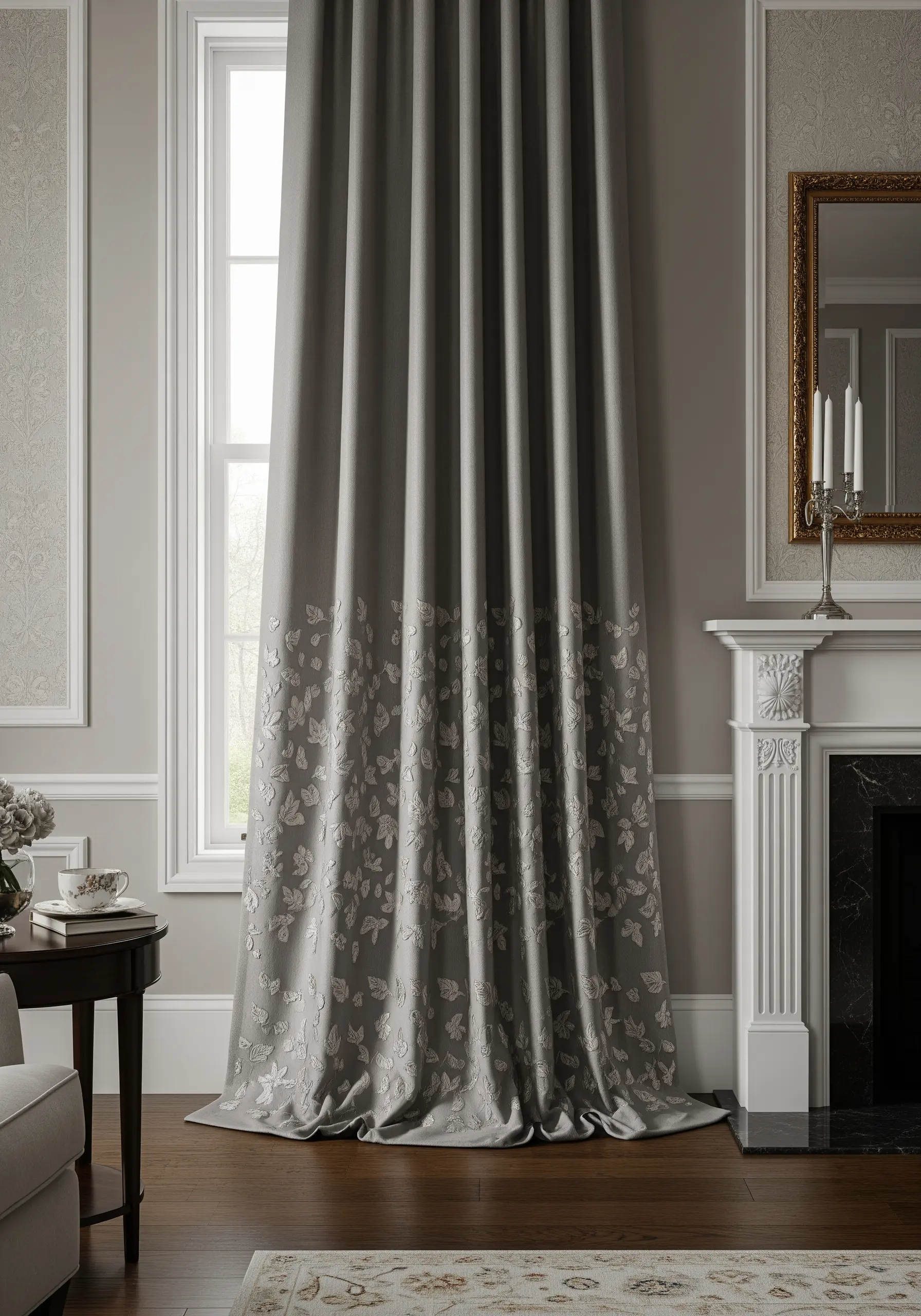 A dense border of tone-on-tone embroidered leaves on the bottom of a heavy grey curtain.