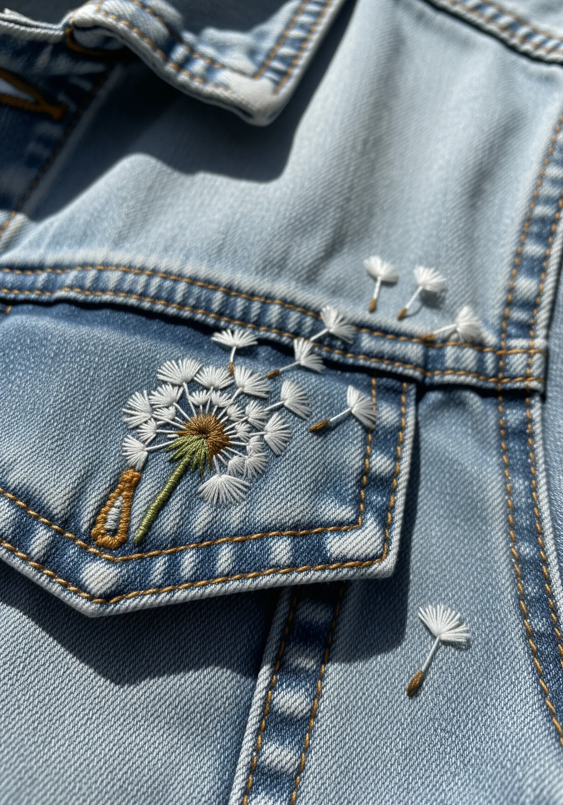 Embroidered dandelion with floating seeds on the pocket of a denim jacket.