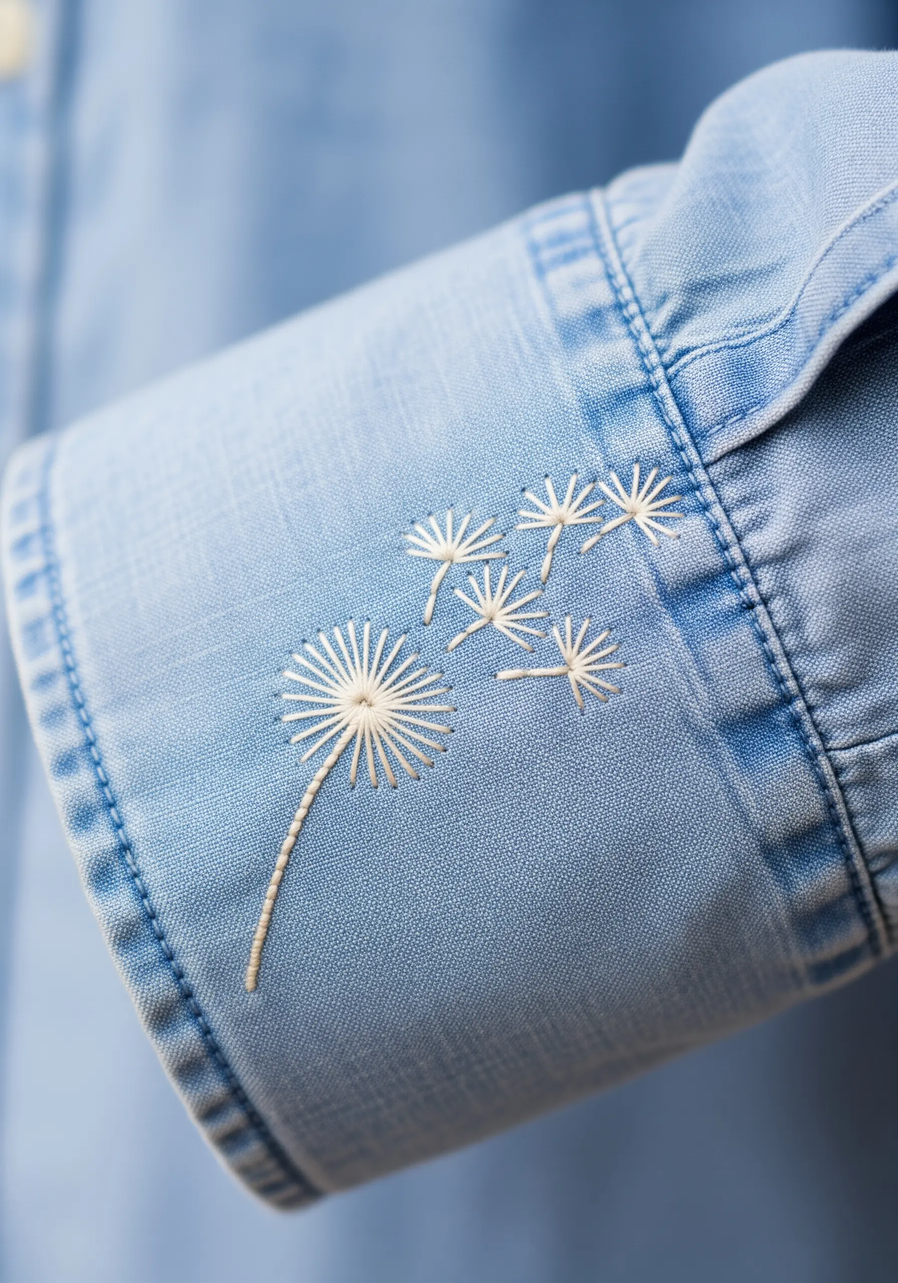Delicate white dandelion seeds embroidered on the cuff of a blue chambray shirt.