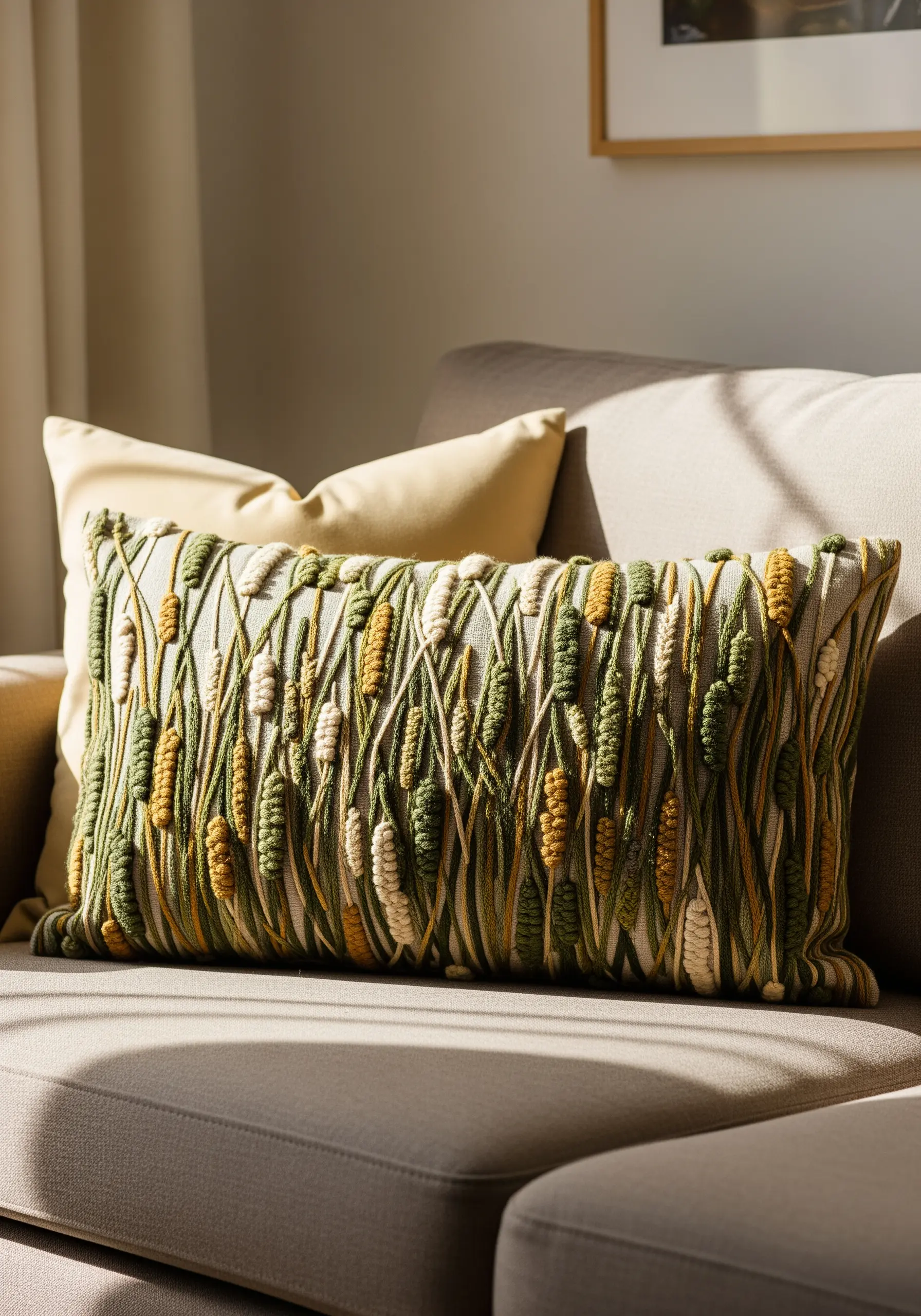 A lumbar pillow embroidered with a dense pattern of green and yellow grasses using dimensional stitches.