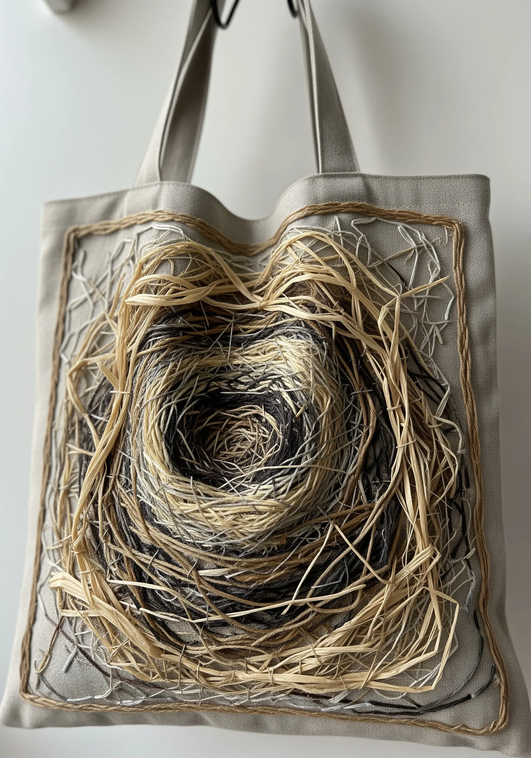 A tote bag decorated with a three-dimensional bird's nest made from thread, raffia, and twine.