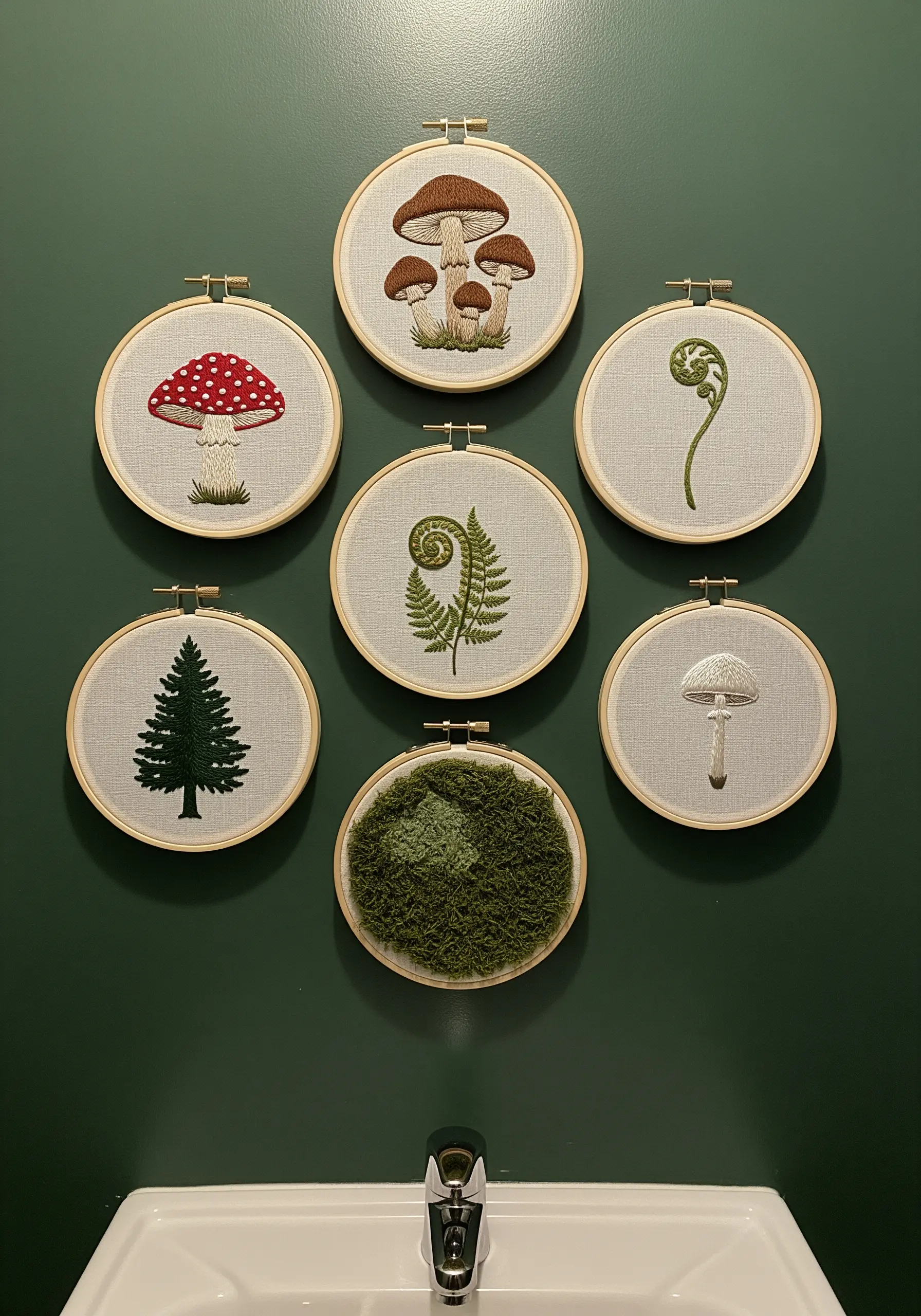 A gallery wall of seven embroidery hoops featuring mushrooms, ferns, and one filled with moss.