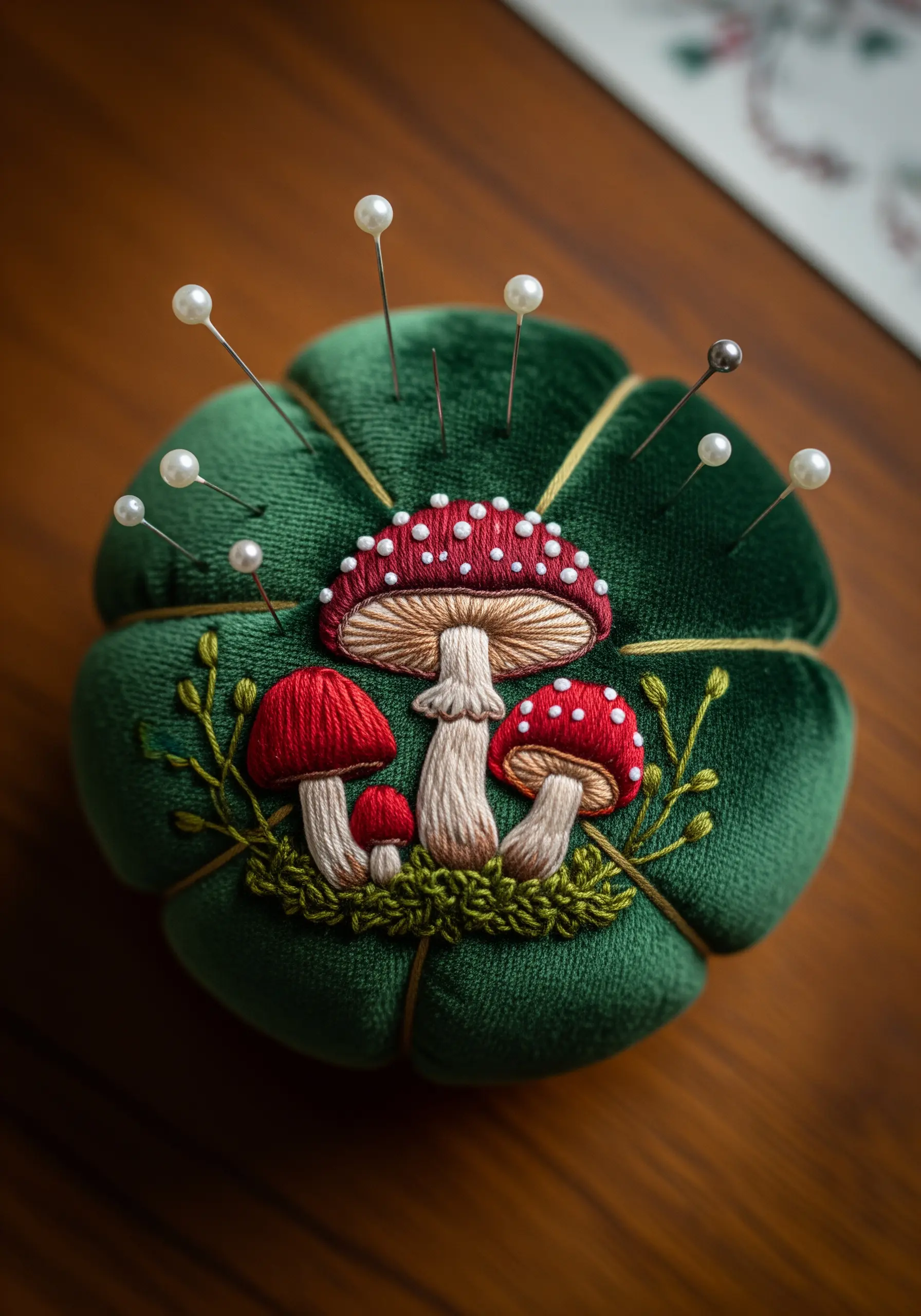 A trio of embroidered amanita mushrooms on a green velvet pincushion.