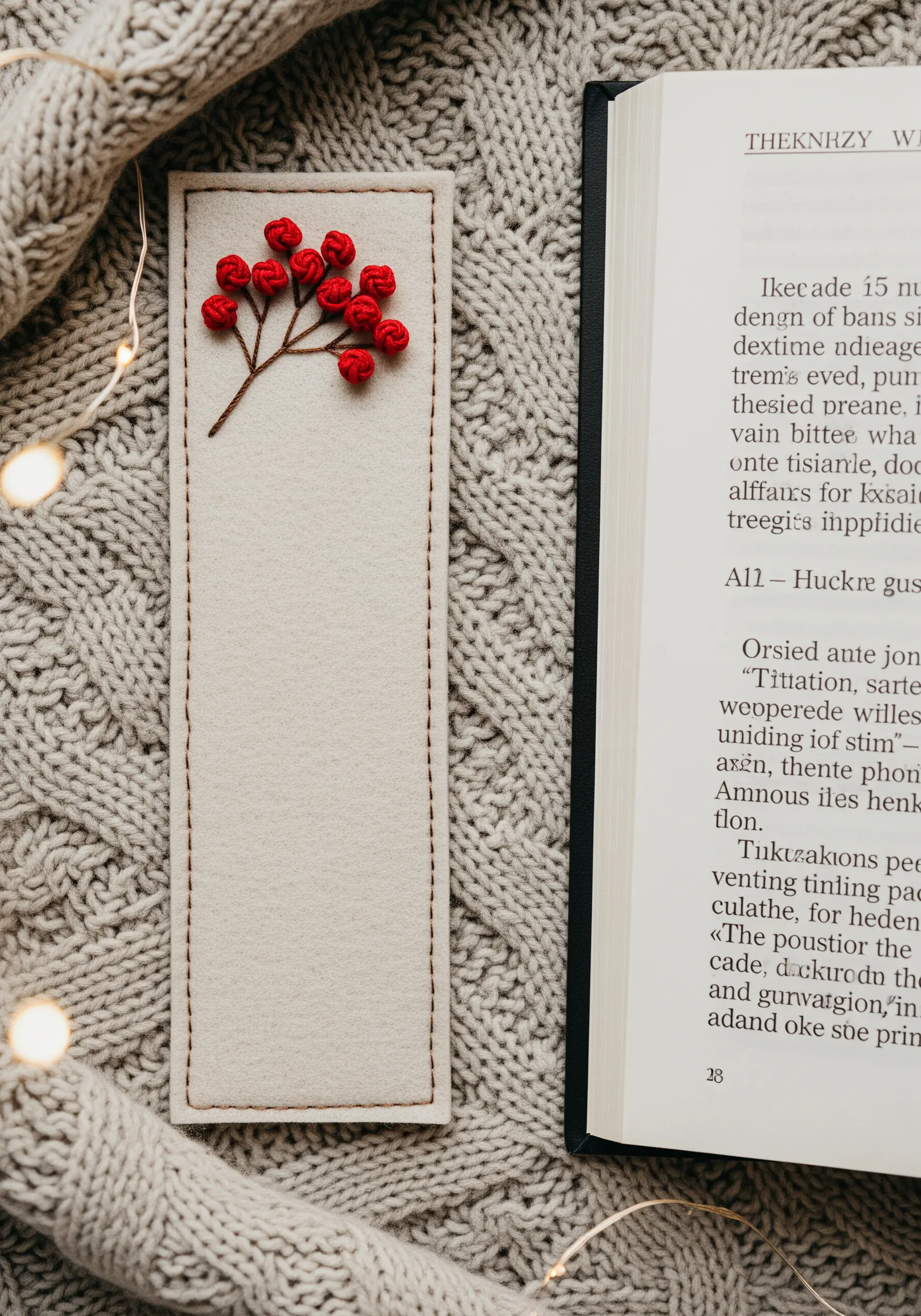 A branch with 3D red woven wheel stitch berries on a felt bookmark.