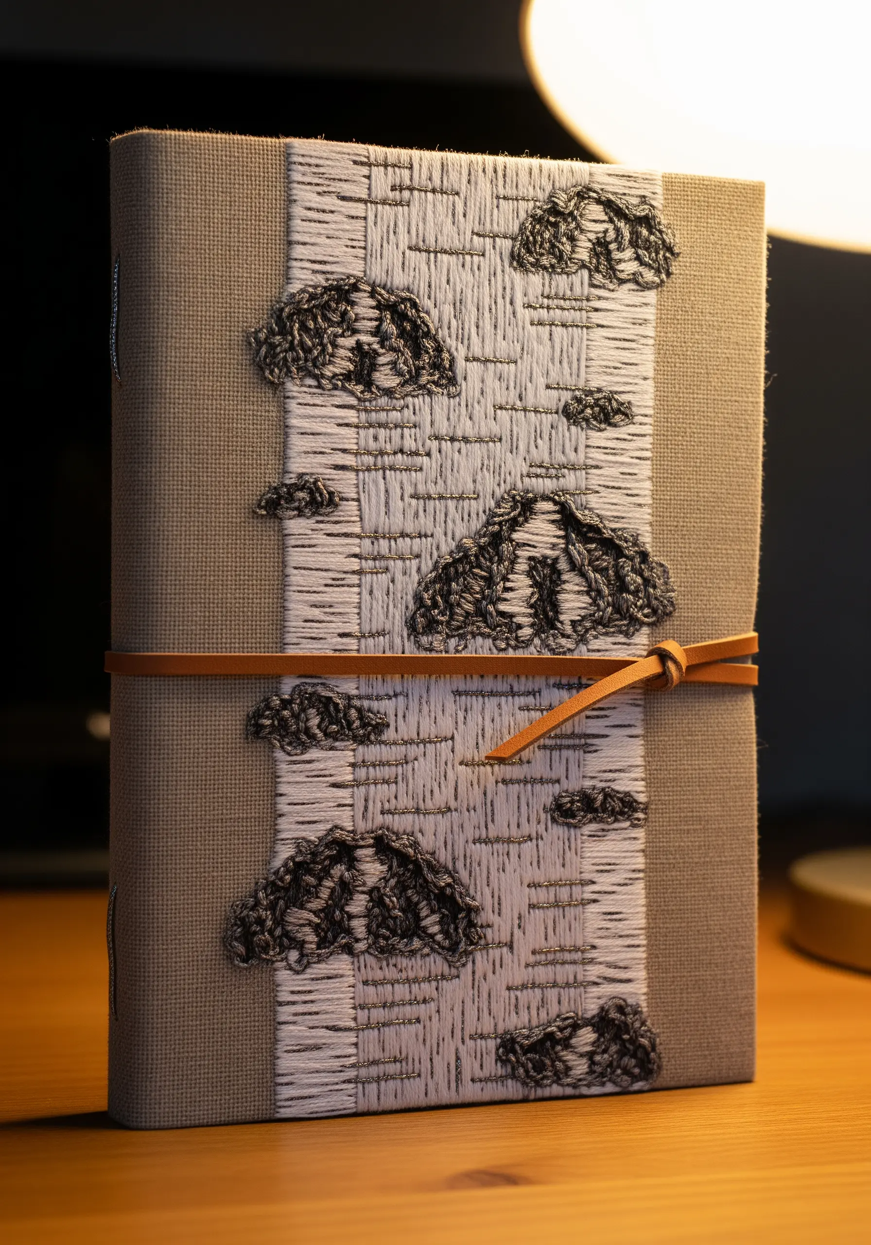 An embroidered journal cover mimicking the texture of birch bark with thread.