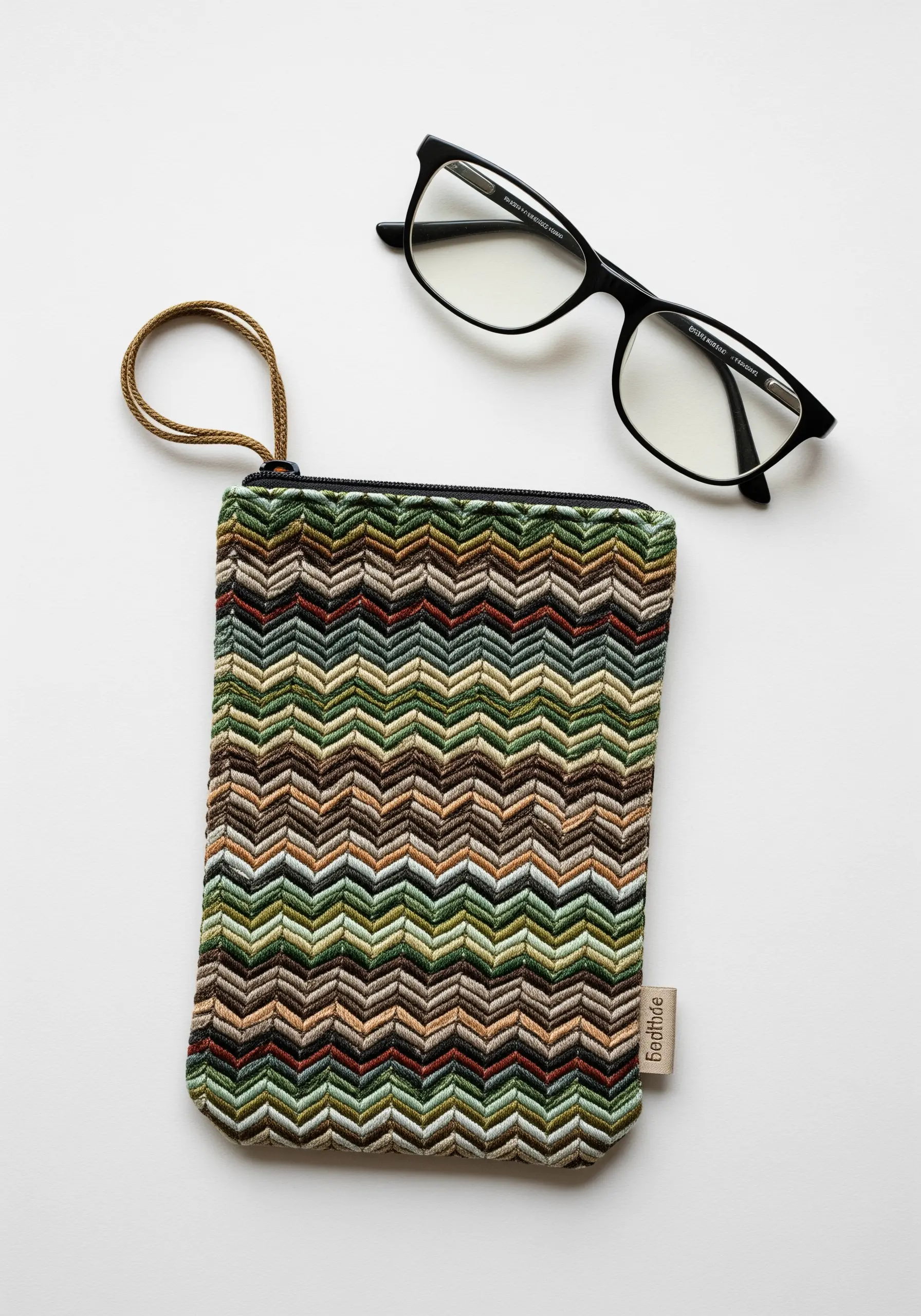 A small zippered pouch with a woven, geometric chevron pattern in earthy tones.