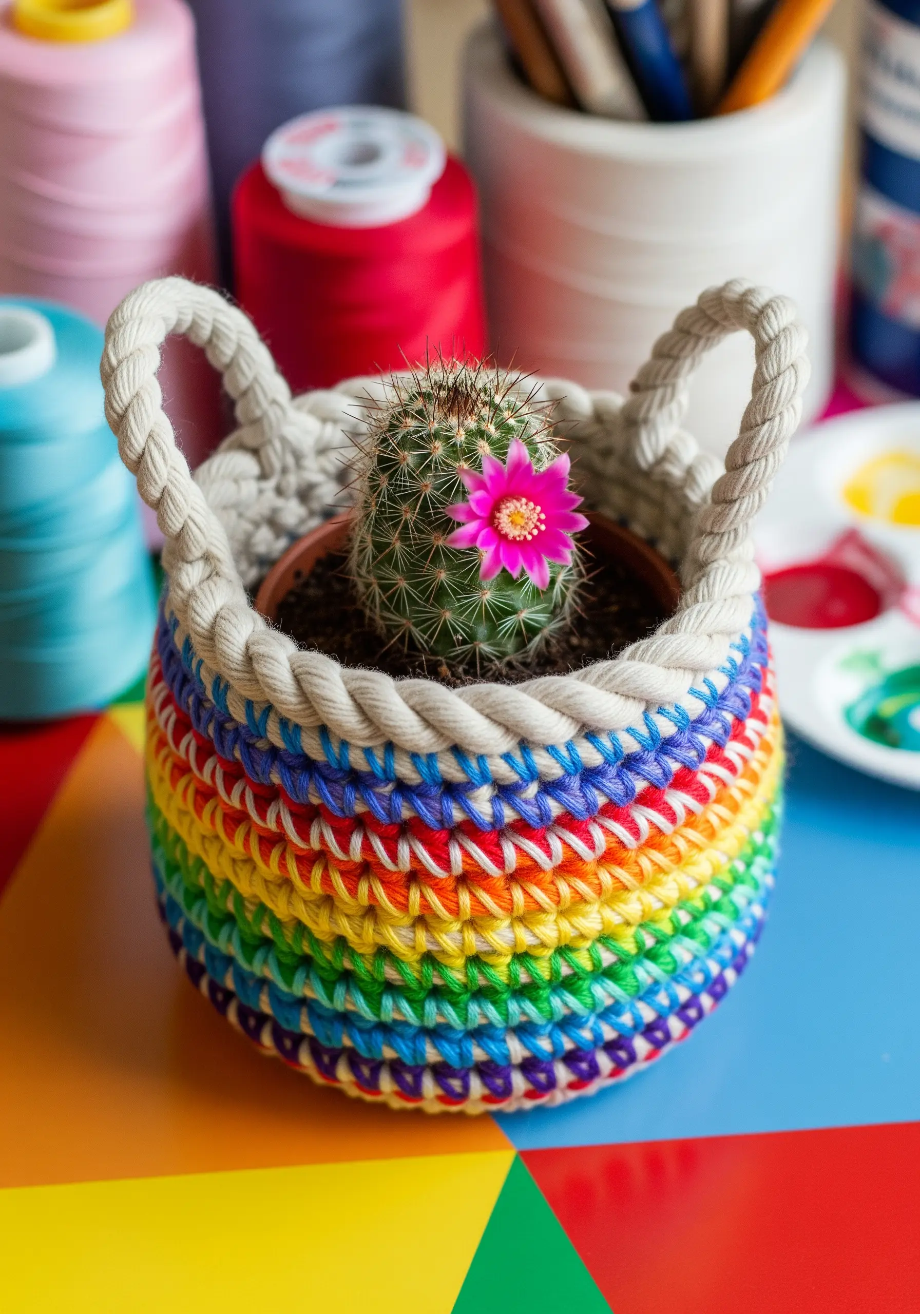 A small coiled rope basket decorated with bright, thread-wrapped rainbow stripes.