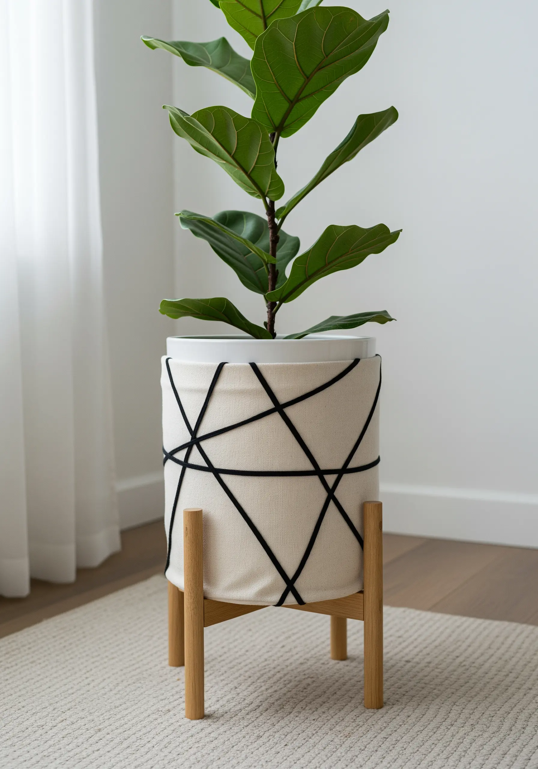 A fabric-covered plant pot wrapped in a bold, geometric pattern with black cord.