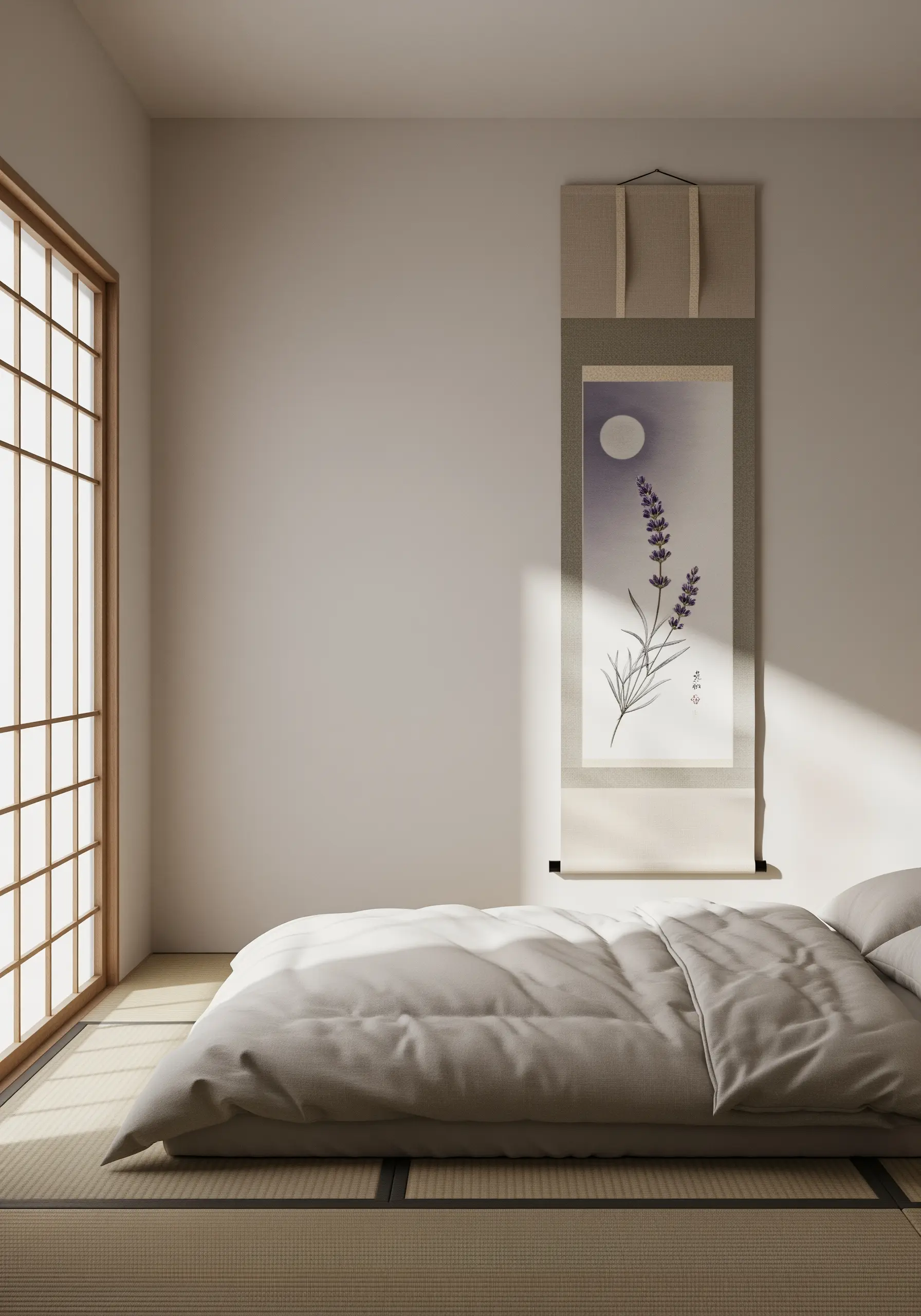 A Japanese-style wall scroll with a single lavender sprig hanging in a minimalist bedroom.