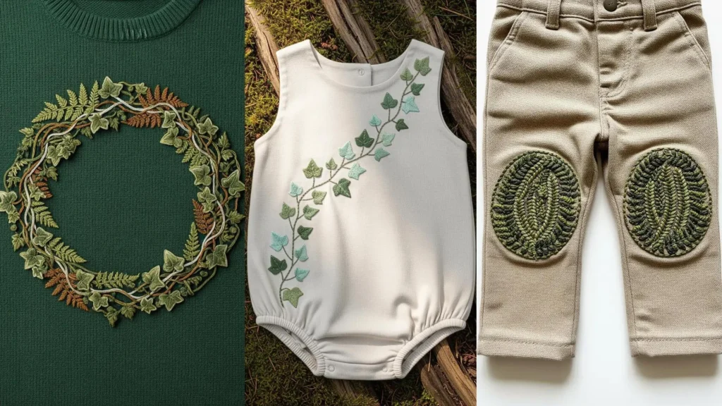 Children's clothing with whimsical fern and ivy embroidery, featuring a forest wreath sweater and an ivy-adorned romper.