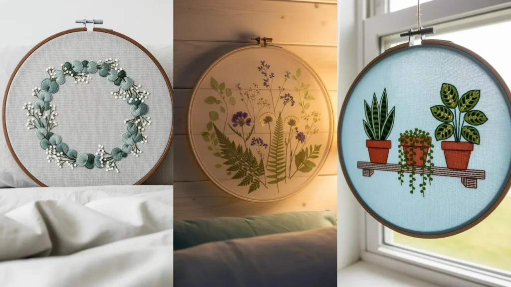 A collage of three plant-inspired hoop art designs, including a floral wreath and potted plants, decorating a serene bedroom.