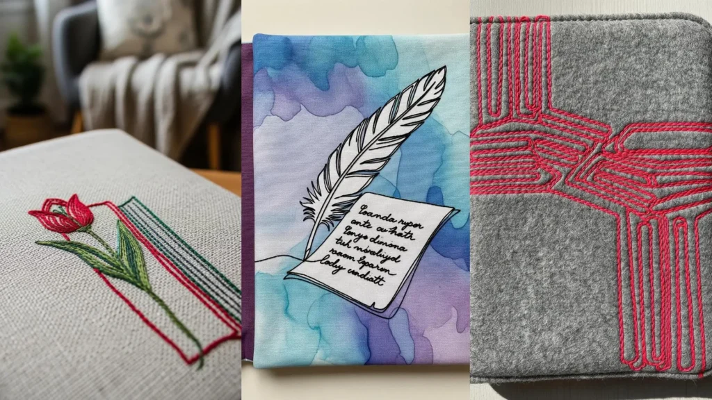 Collage of fabric book sleeves for book lovers with continuous line embroidery: a tulip, a quill, and an abstract pattern.