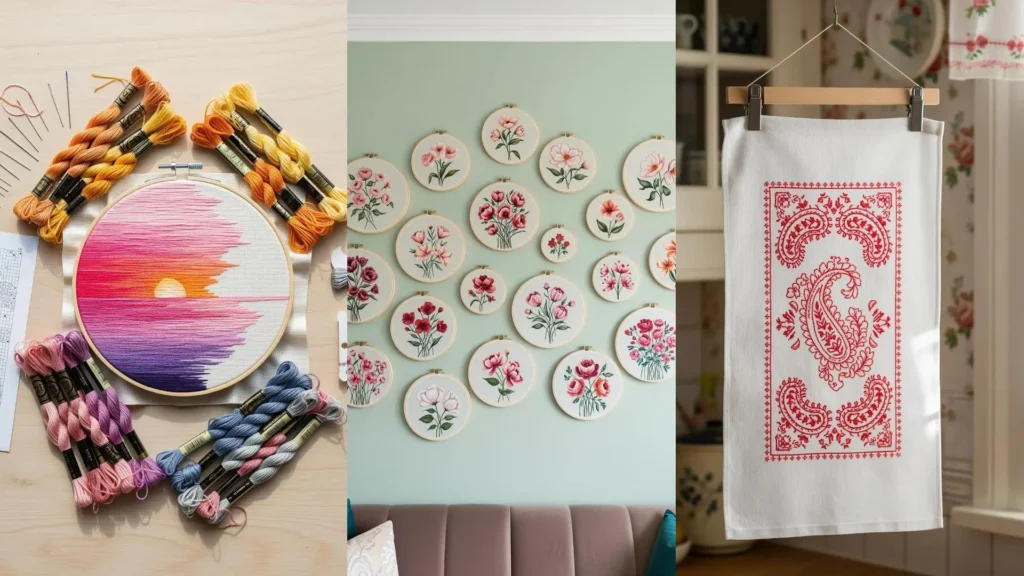 A collage of DIY embroidery wall hangings, featuring floral hoop art and a colorful sunset design.