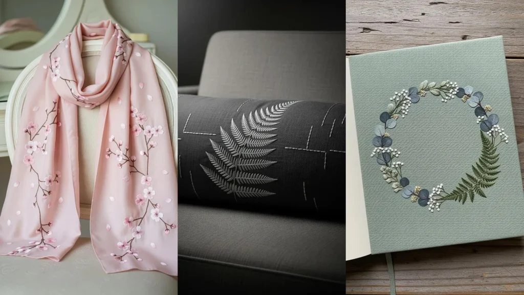 A collage of inspiring flower art projects, showing embroidery on a scarf, pillow, and book as a relaxing hobby.