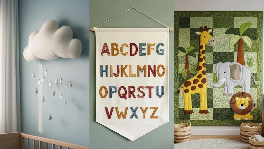 Collage of nursery-friendly textile wall art: a plush cloud, an embroidered alphabet, and a quilted animal pattern.
