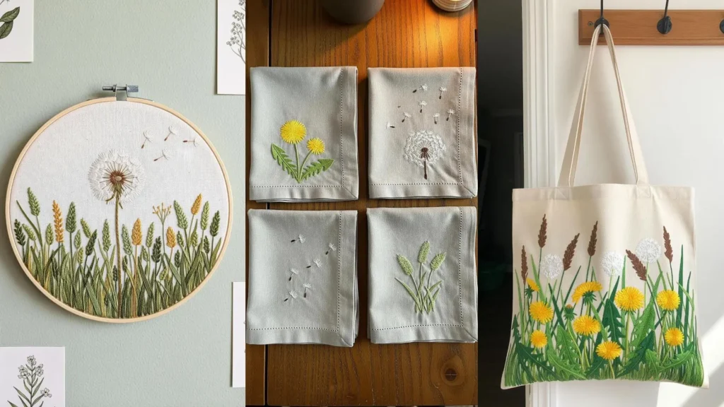 Dandelion and wildgrass stitch projects creating a soft meadow aesthetic on an embroidery hoop, napkins, and a tote bag.