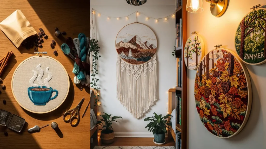 A collage of cozy DIY embroidery wall art, featuring a coffee cup, mountains, and seasonal tree designs.