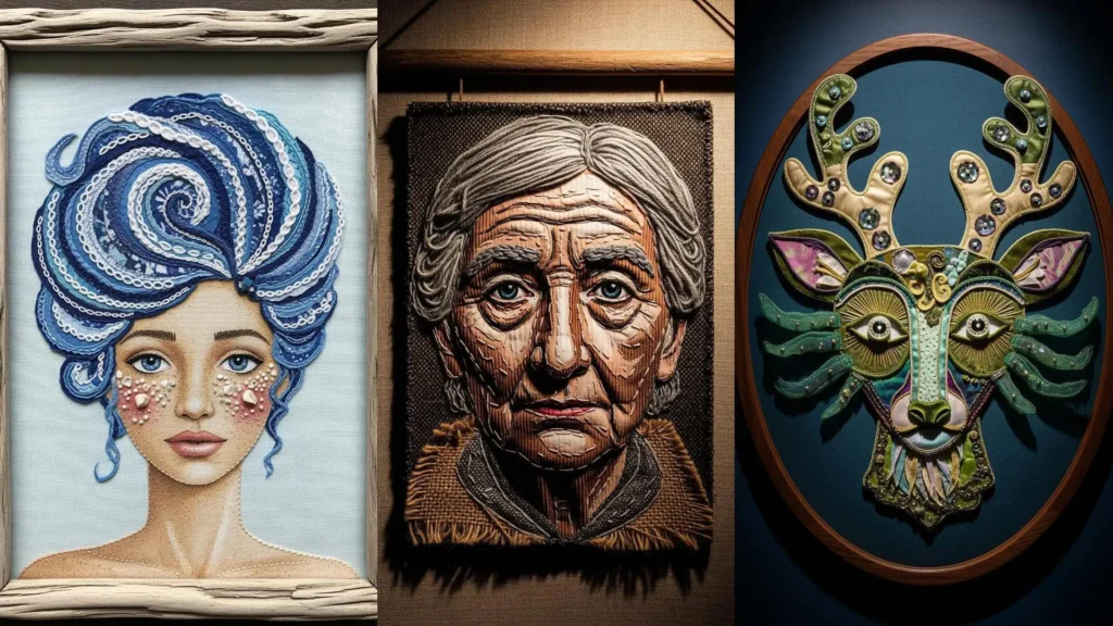 A collage of three unique fabric embroidery portraits, showing different styles you can try.