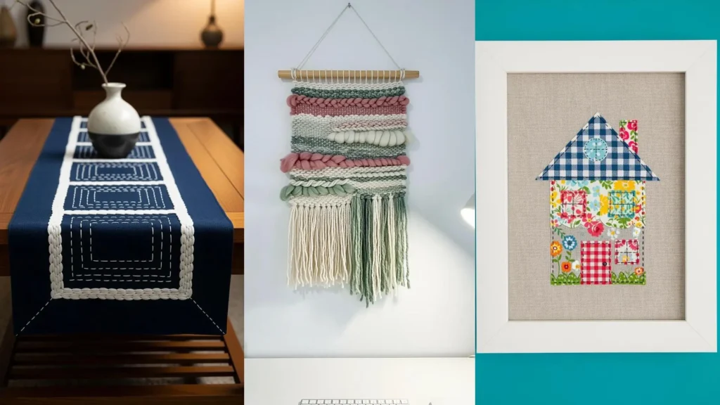 A collage of simple fabric projects to upgrade your room, like a woven wall hanging, a table runner, and framed art.