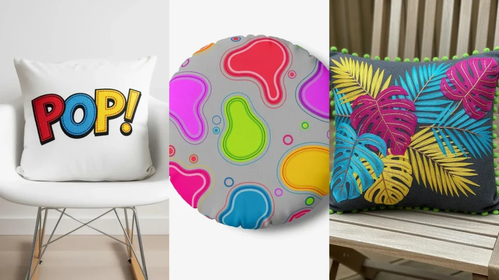 A trio of throw pillows with bold, color pop embroidery, featuring pop art and vibrant tropical leaf designs.