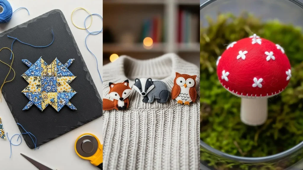 A collage of tiny fabric crafts: a quilted star, felt animal brooches, and a red felt mushroom with white embroidery.