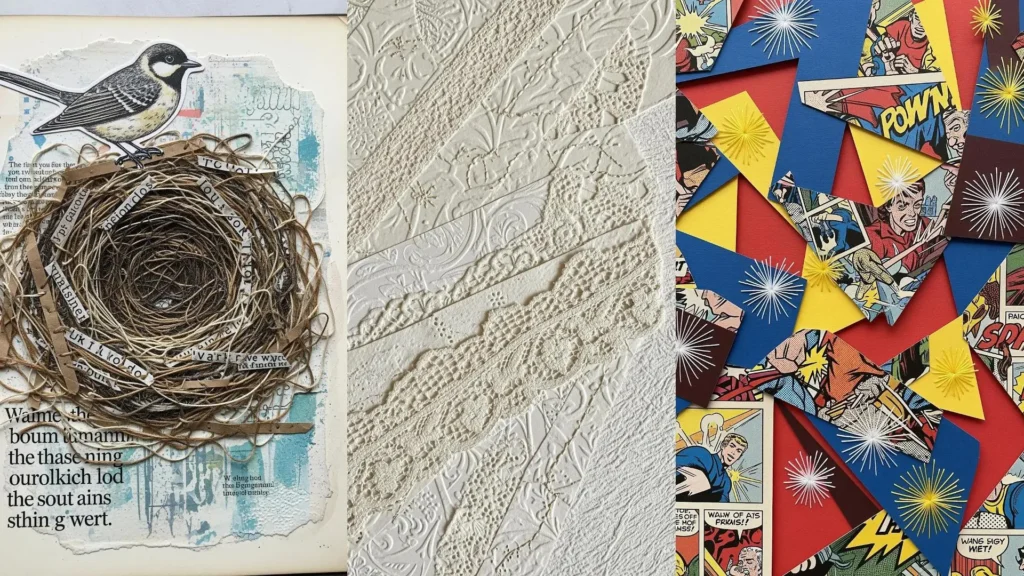 Three handmade collage techniques, including a comic book design with tiny stitches to create depth and texture.