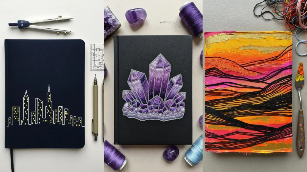 Mixed-media crafts with embroidery transforming old journals into art with city, crystal, and landscape designs.