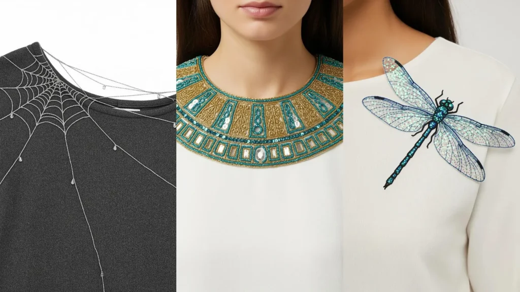 A collage of tops with glam glitter thread embroidery ideas, like a dragonfly, a spiderweb, and an ornate collar.