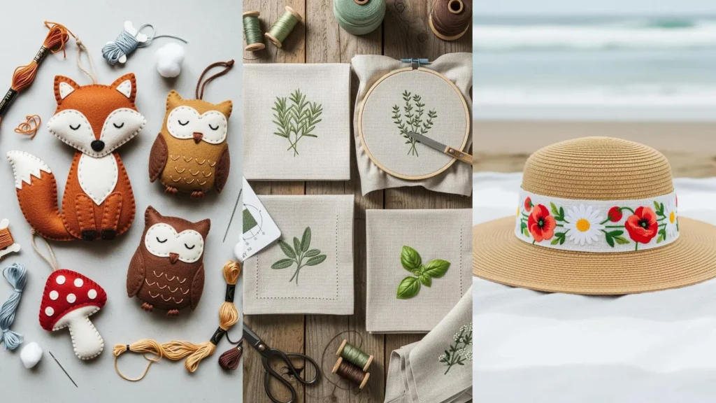 Collage of aesthetic stitching projects for a creative hobby: felt animals, embroidered napkins, and a floral sun hat.