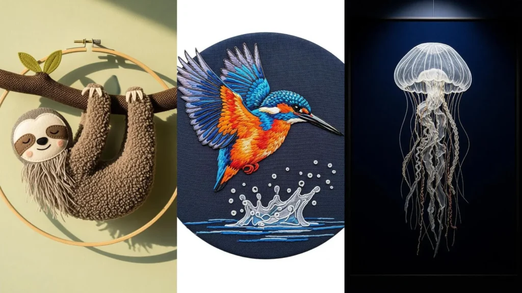 A collage of embroidered animals that look alive, made with fabric and layered stitching: sloth, kingfisher, and jellyfish.