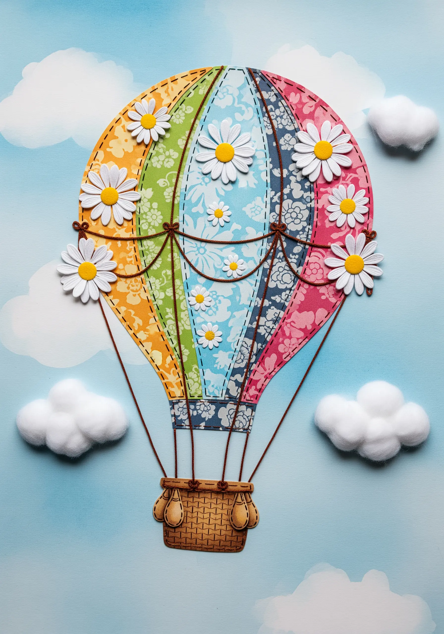 A colorful hot air balloon made from patterned paper collage with stitched details.