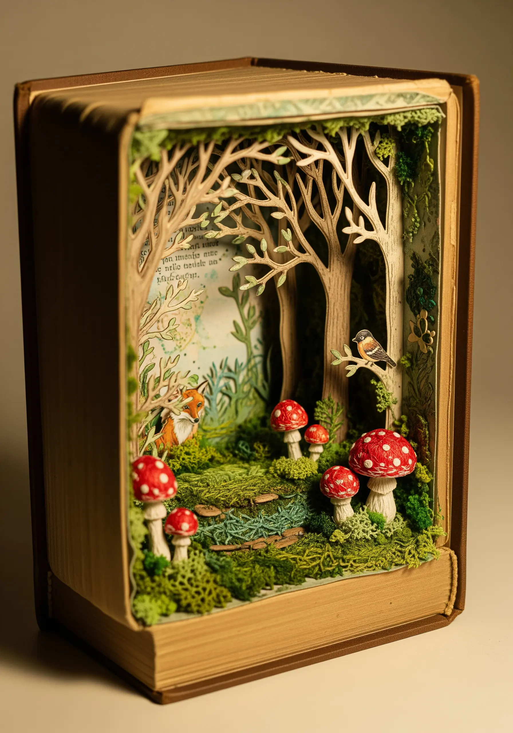 Hollowed book with 3D embroidered forest mushroom scene