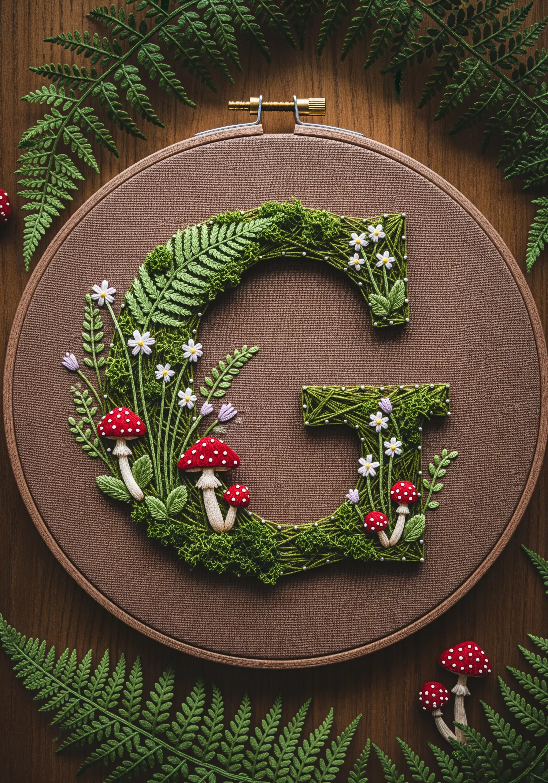 A monogram filled with textured moss-like stitches and decorated with 3D ferns and mushrooms.