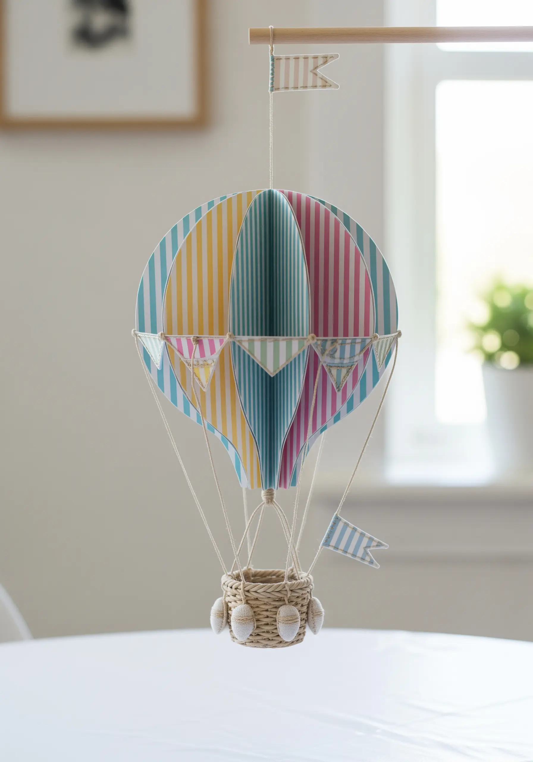 A 3D hot air balloon made from colorful striped paper with string for the rigging and basket.