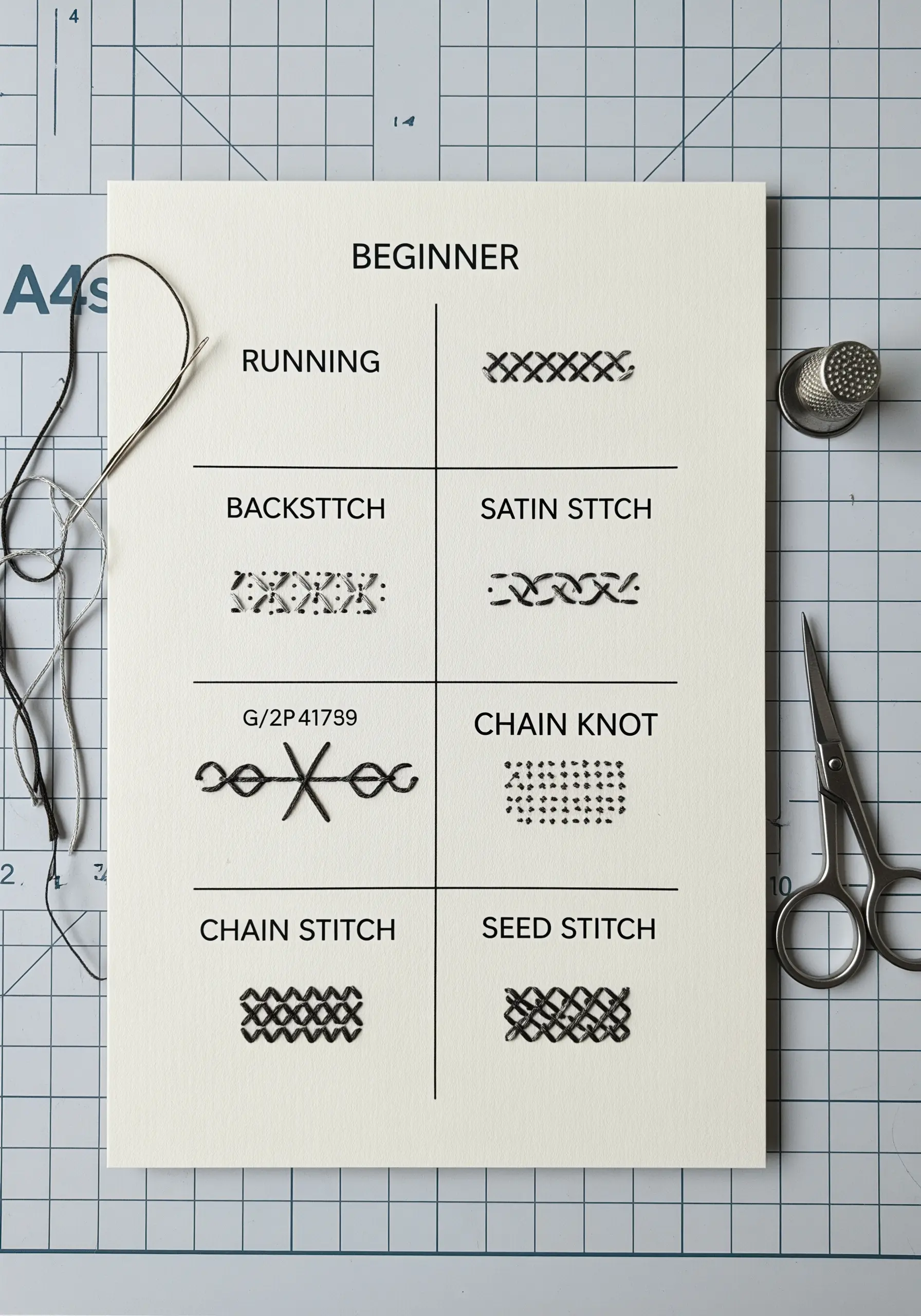 A beginner's embroidery sampler chart with different stitches demonstrated on paper.