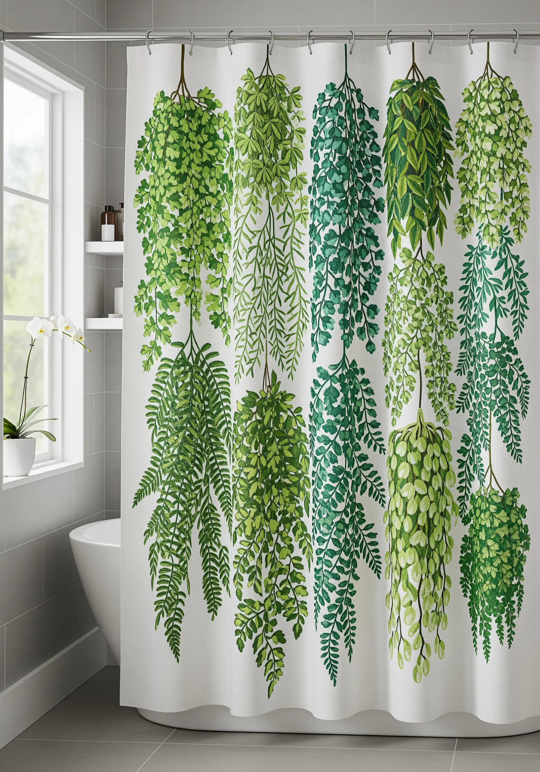 Various species of hanging green ferns embroidered on a white shower curtain.