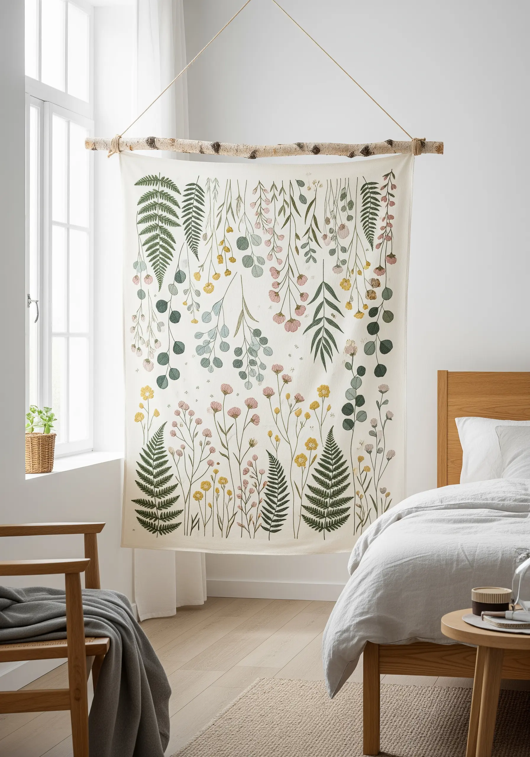 A large fabric wall hanging with embroidered ferns and wildflowers above a bed
