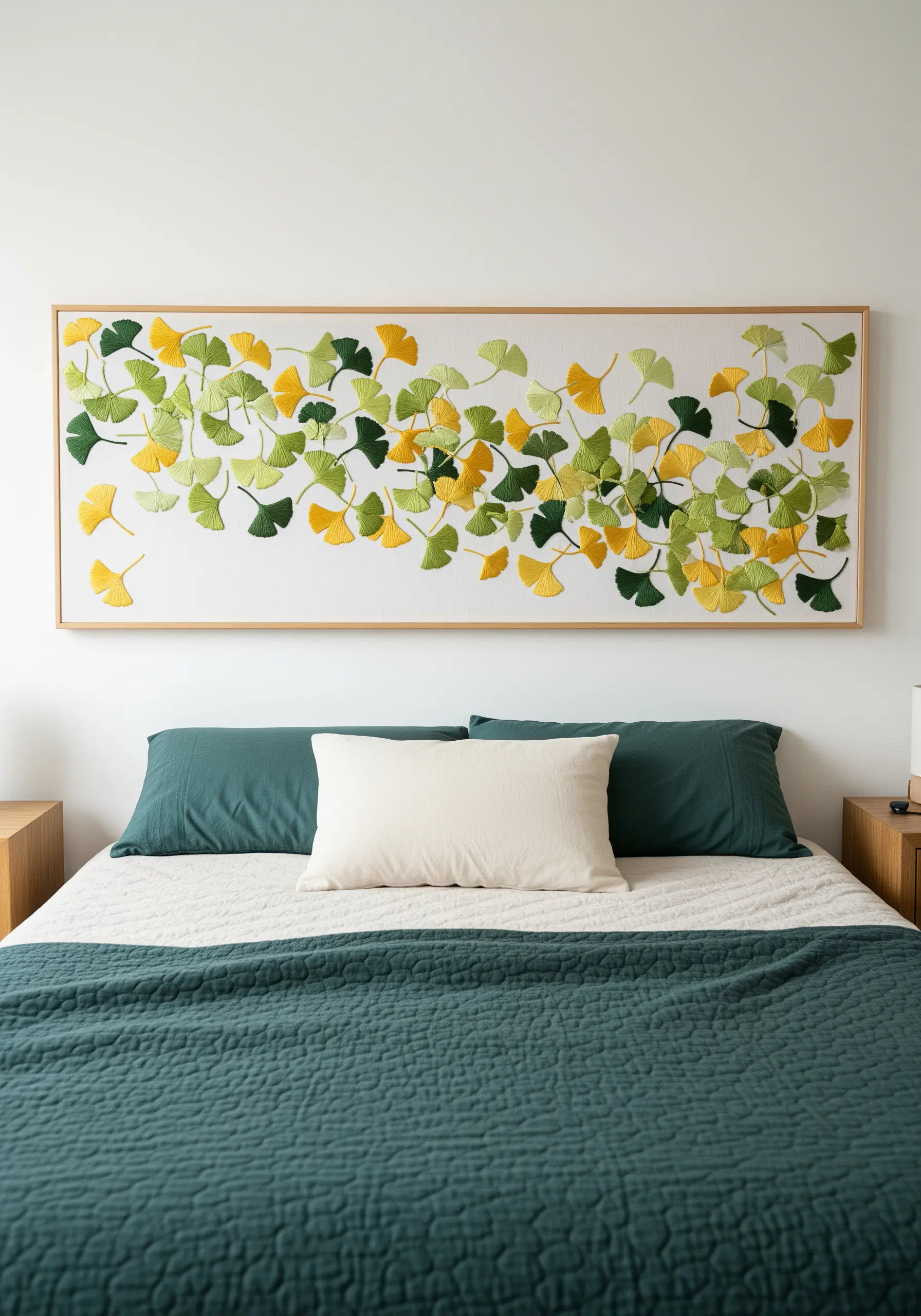 Large framed embroidery of scattered yellow and green ginkgo leaves.