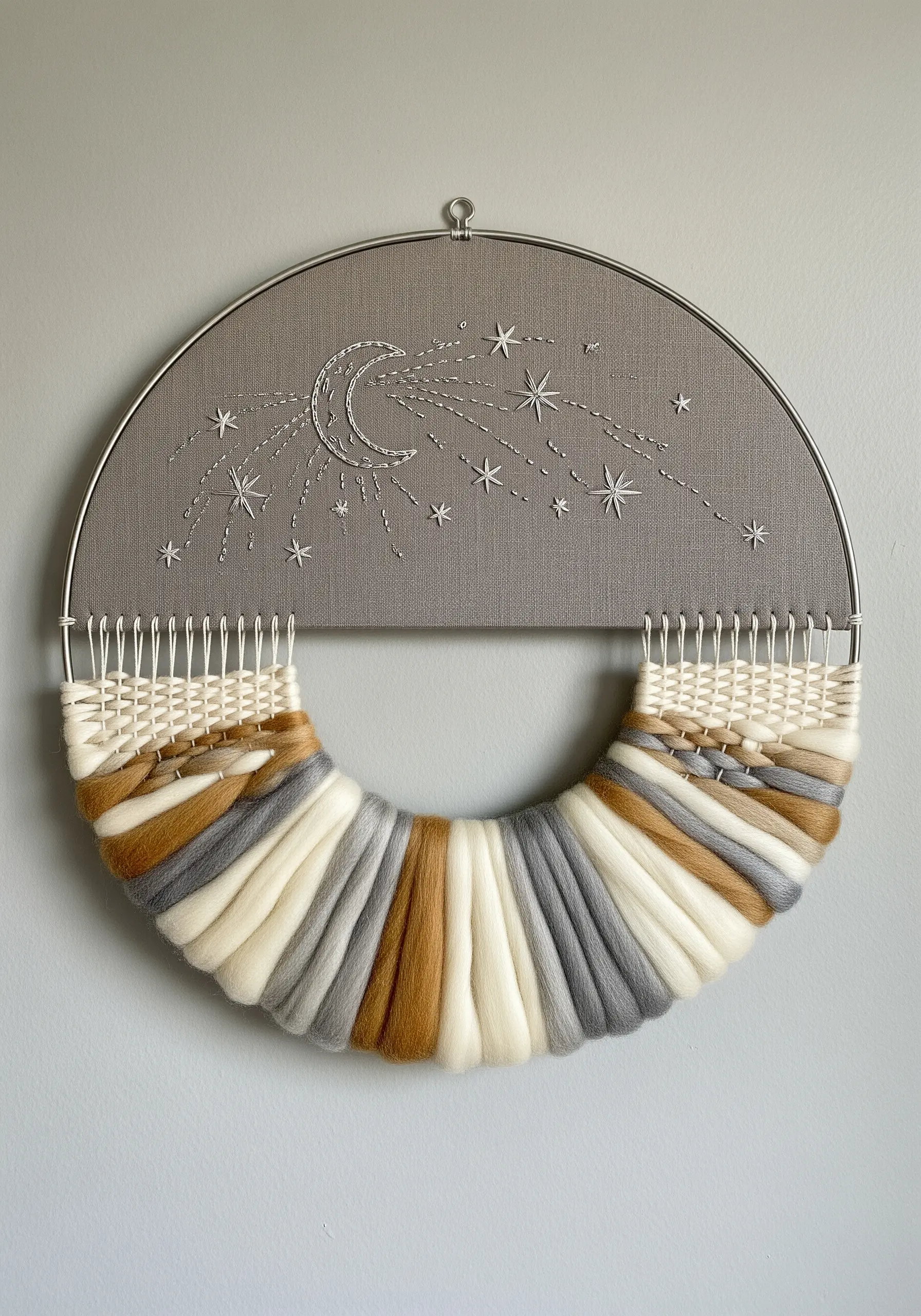 A mixed-media wall hanging in a hoop, with celestial embroidery on top and a weaving below.