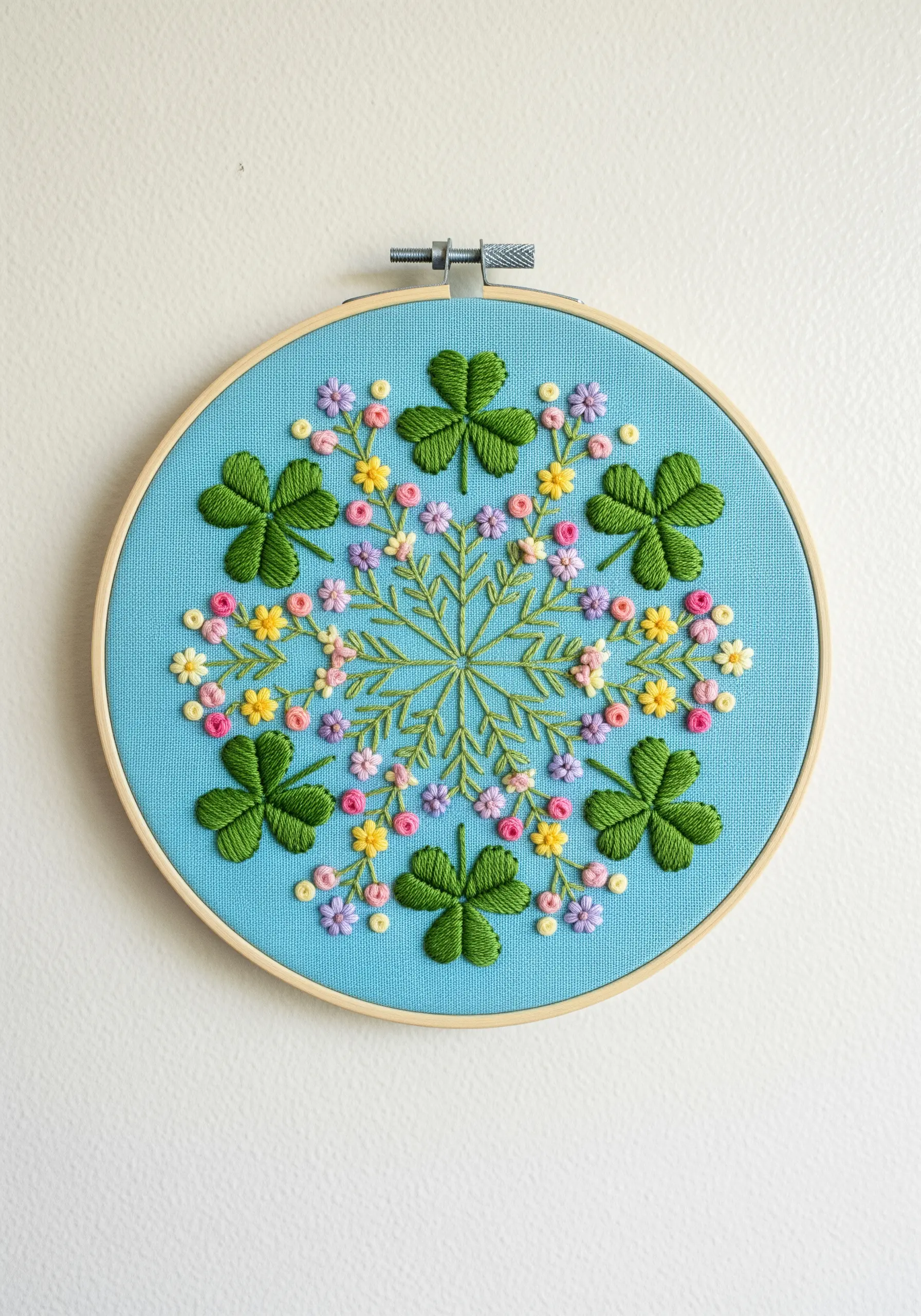 A colorful mandala of embroidered shamrocks and wildflowers in a hoop on blue fabric.