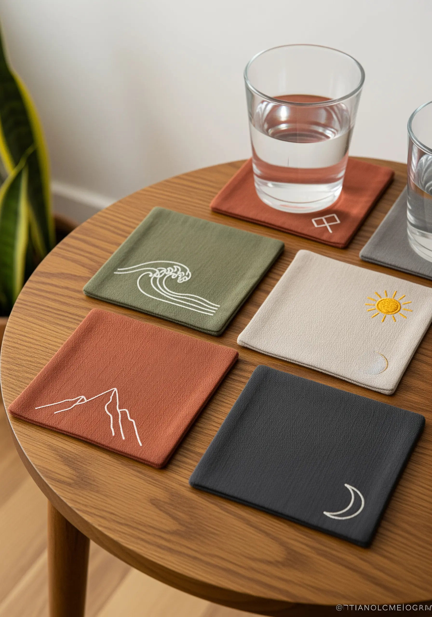 A set of embroidered coasters with minimalist icons: wave, mountain, sun, moon.