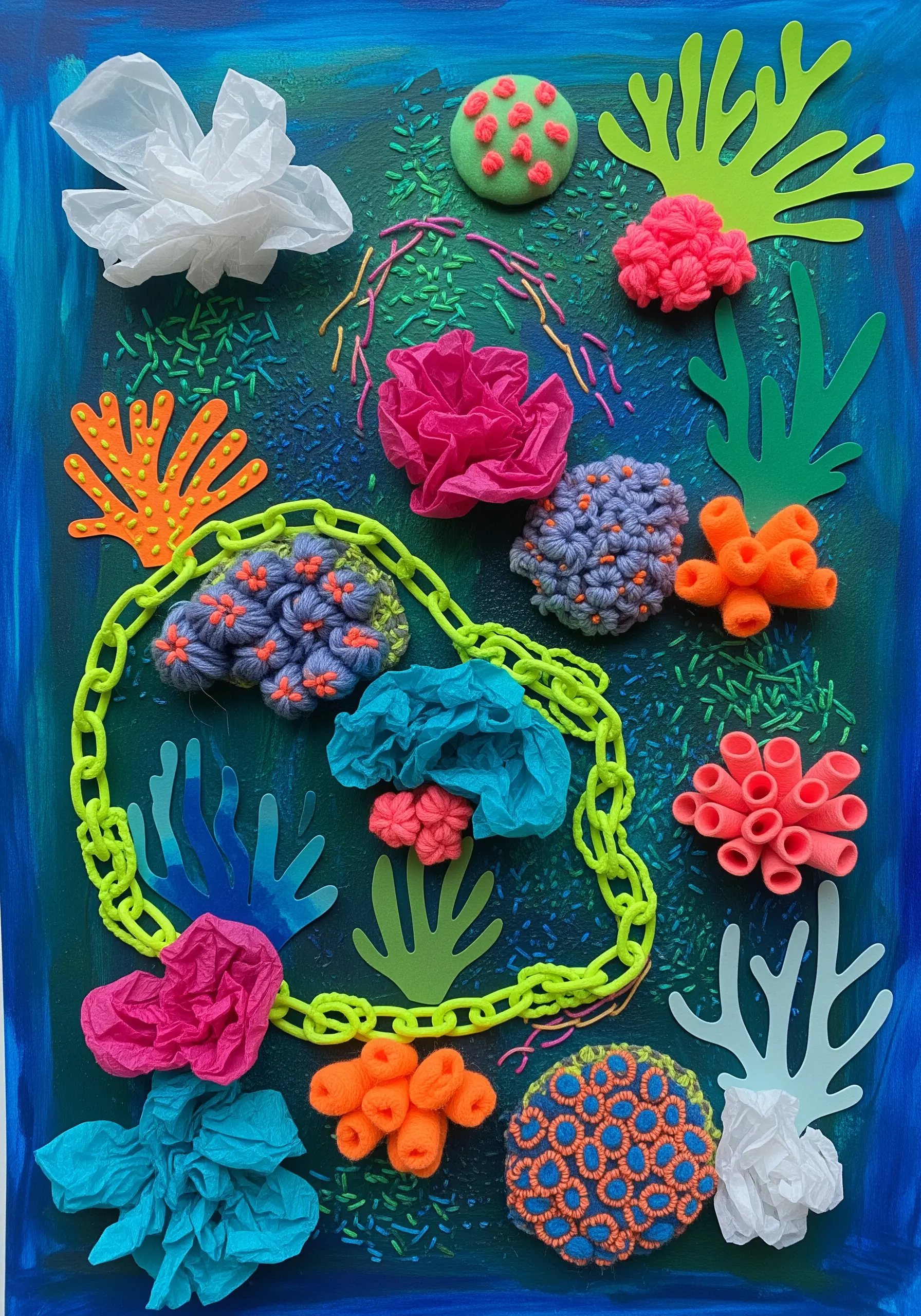 A mixed-media coral reef scene with embroidered textures, paper cutouts, and fabric elements.