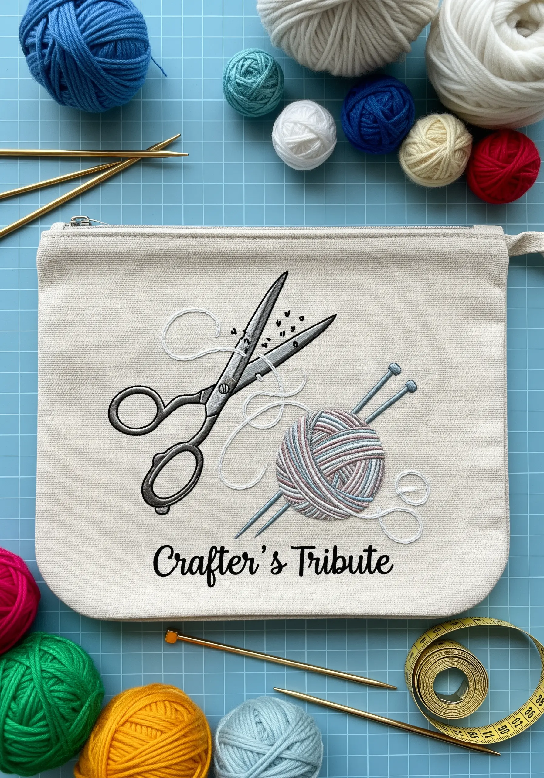 Embroidered scissors, knitting needles, and a ball of yarn on a crafter's pouch.