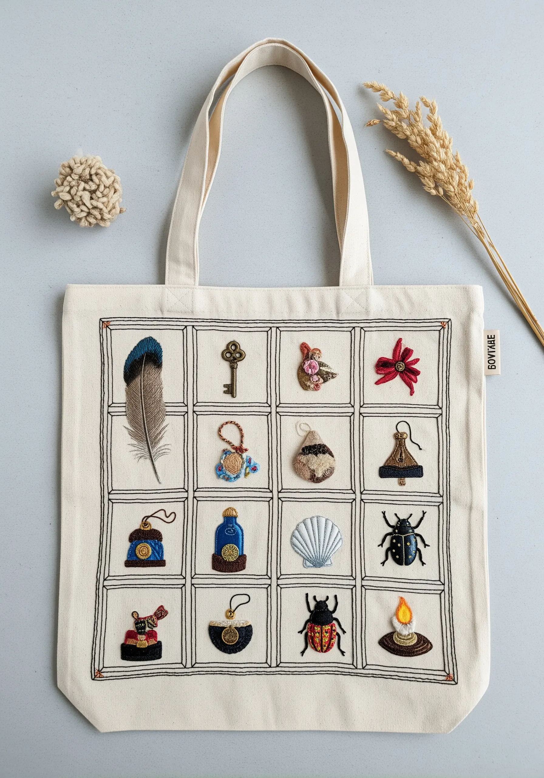A grid of embroidered curiosities, including a feather, key, and shell, on a tote bag.