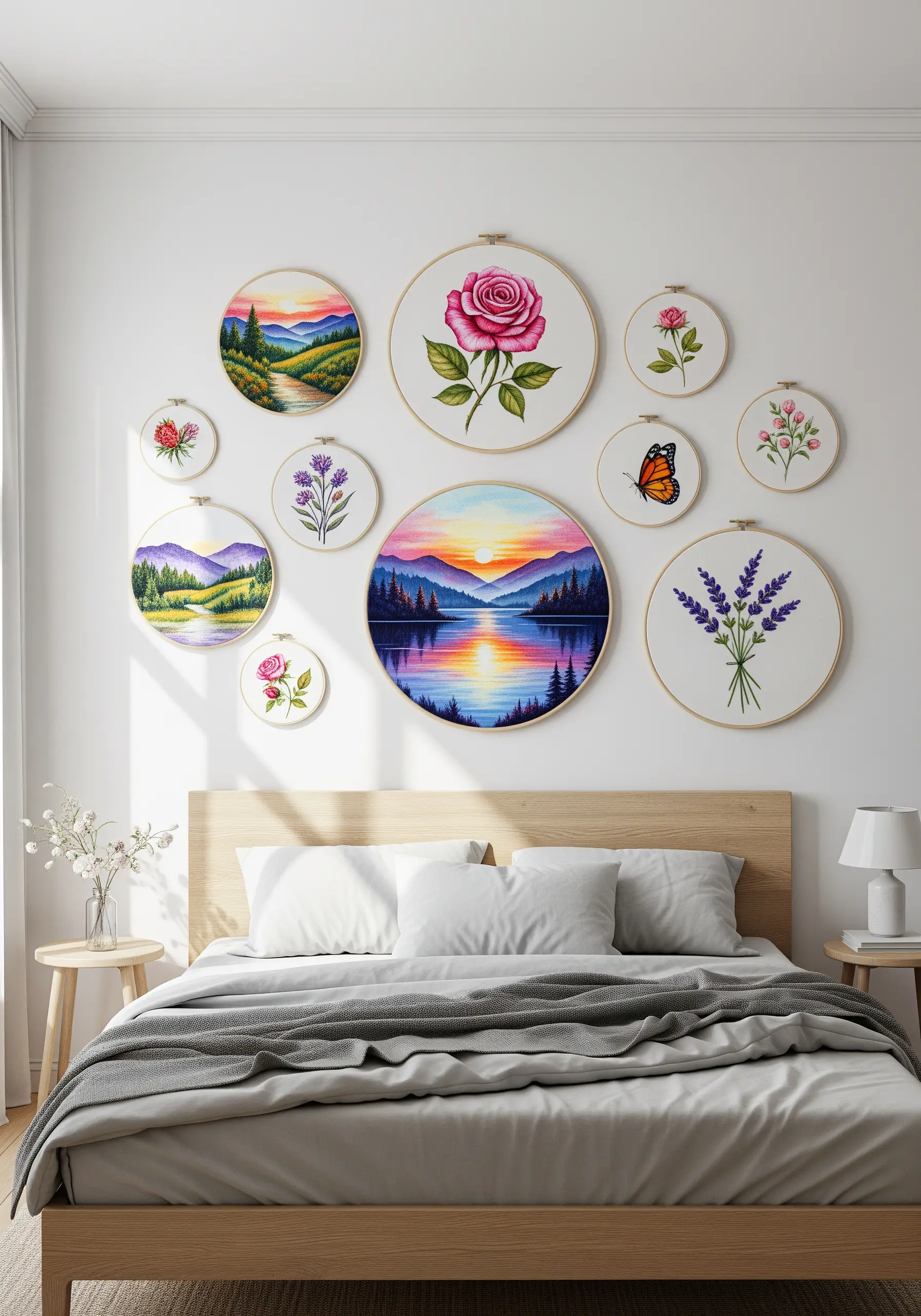 Wall gallery of landscape and floral embroidery hoops